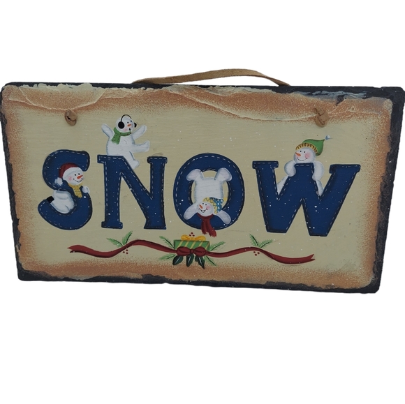 Cape May Collection Slate Hanging Plaque That Says Snow with Snowmen - Picture 1 of 4